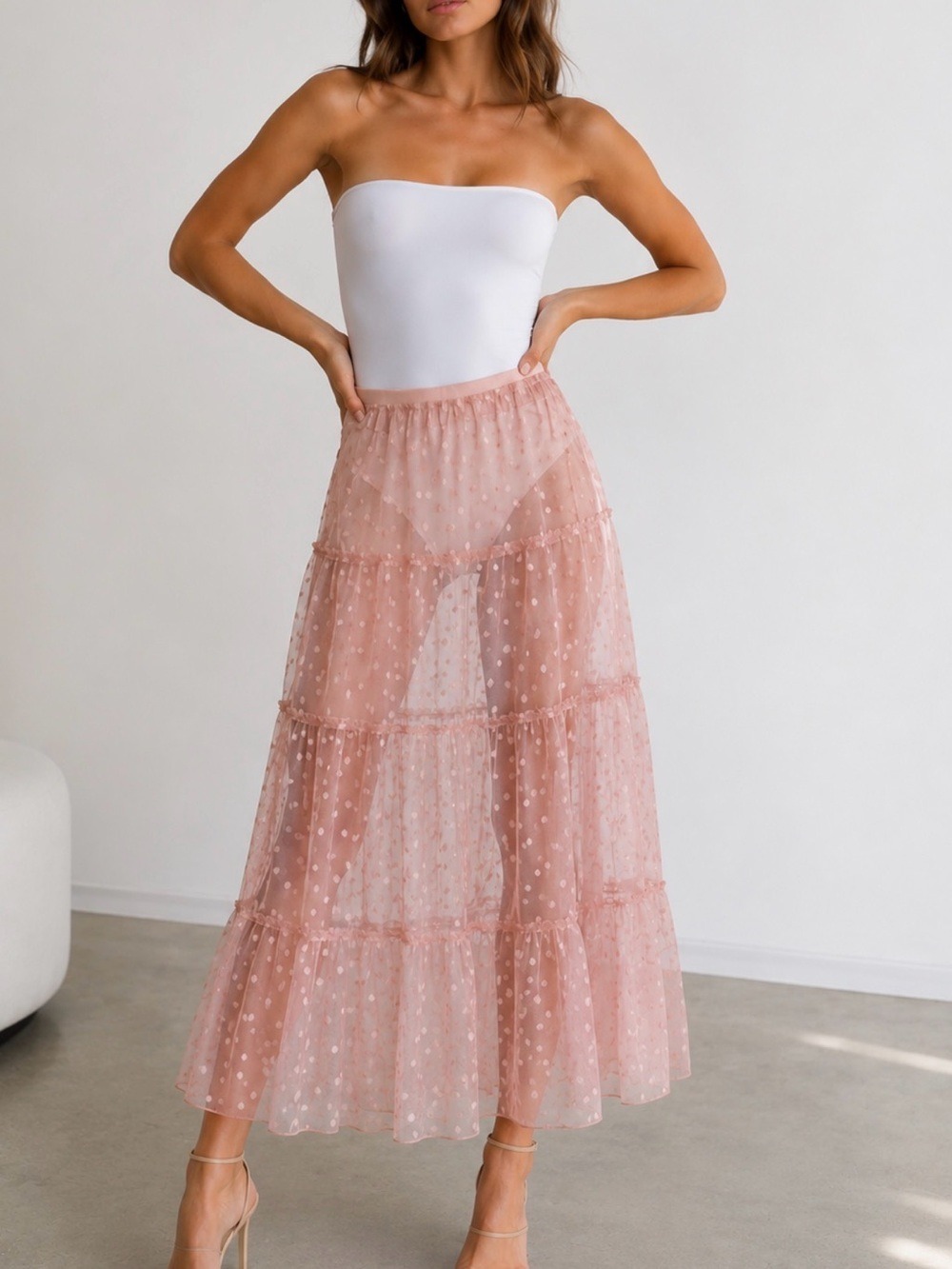 Pink Tiered Tulle Maxi Skirt - Feminine Polka Dot Design